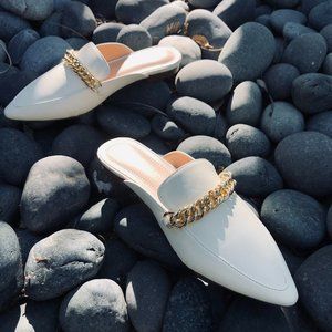 [New] CLASSY CHAIN LINK LOAFER DESIGN SLIP ON MULES SHOES WHITE